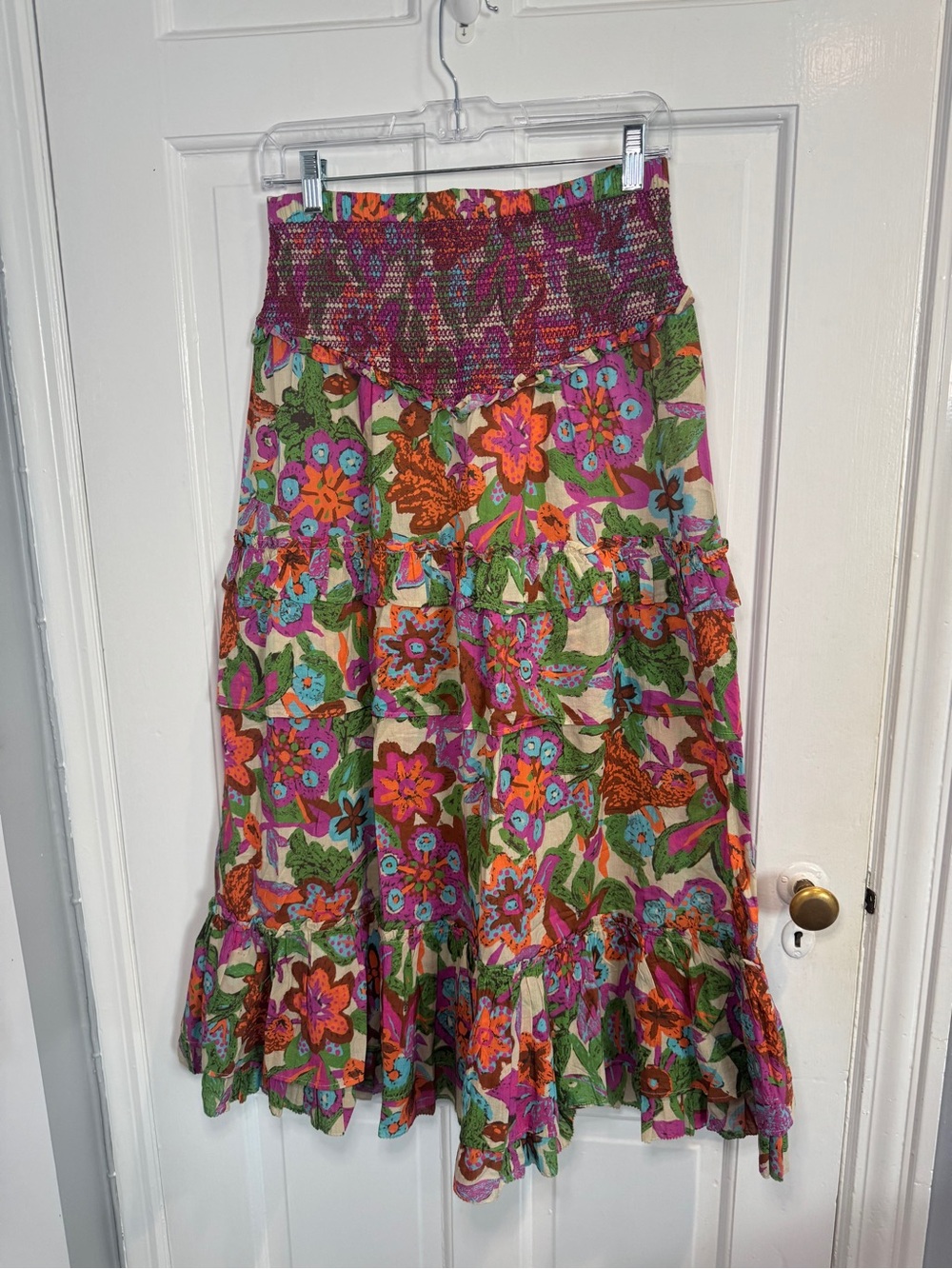 Love The Label Smocked-Waist Floral Tiered Maxi Skirt